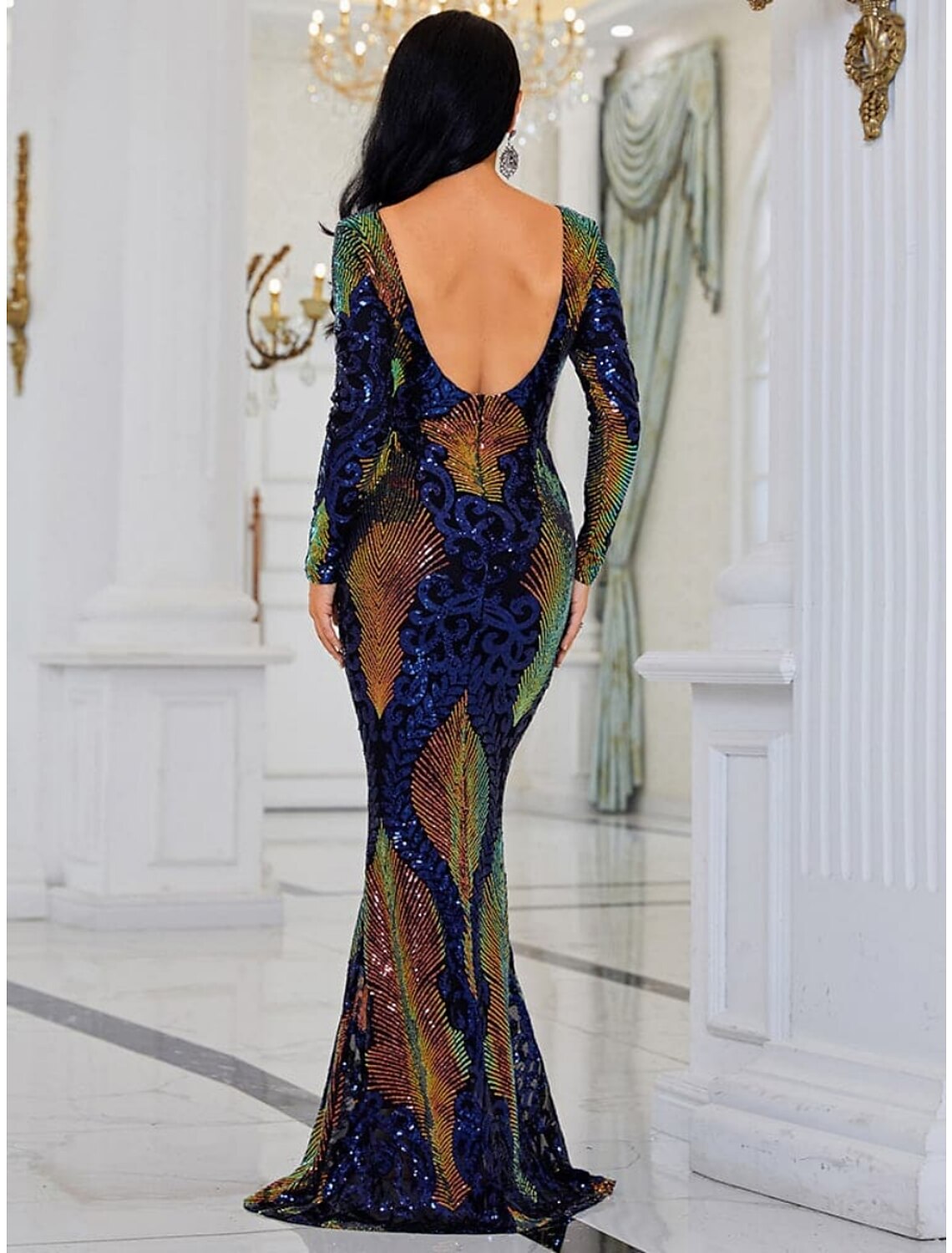 Mermaid / Trumpet Evening Gown Elegant Dress Formal Sweep / Brush Train Long Sleeve Scoop Neck Sequined with Glitter Pleats