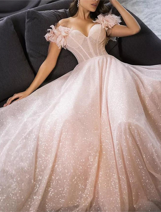 A-Line Prom Dresses Glittering Dress Prom Birthday Floor Length Sleeveless Off Shoulder Tulle with Glitter Crystals