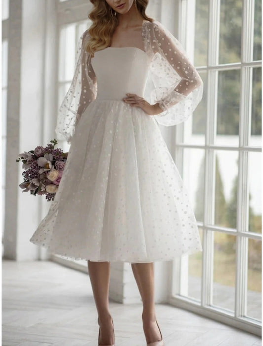 Wedding Dresses Ball Gown Sweetheart Long Sleeve Tea Length Tulle Bridal Gowns With Pleats