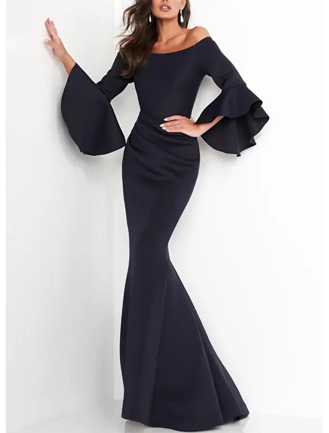 Sheath / Column Evening Gown Elegant Dress Formal Tea Length 3/4 Length Sleeve Square Neck Stretch Fabric with Feather 2024