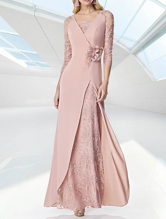 A-Line Evening Gown Elegant Dress Formal Floor Length 3/4 Length Sleeve V Neck Fall Wedding Guest Chiffon with Embroidery