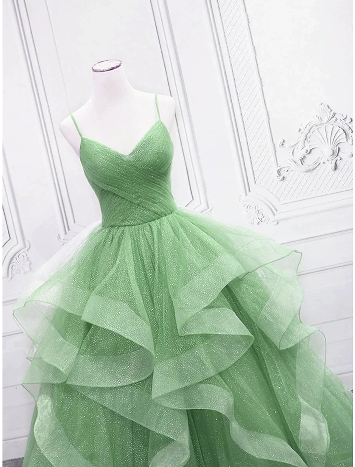 Ball Gown Prom Dresses Glittering Dress Formal Wedding Guest Floor Length Sleeveless V Neck Tulle with Glitter Ruffles