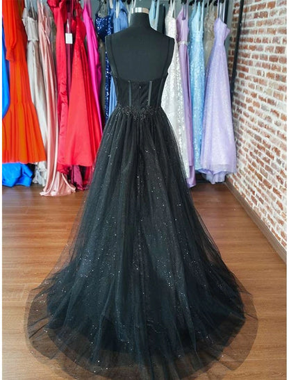 A-Line Prom Dresses Corsets Dress Wedding Floor Length Sleeveless Scoop Neck Tulle with Slit