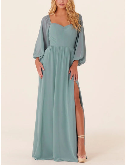 A-Line Bridesmaid Dress Square Neck Long Sleeve Elegant Sweep / Brush Train Chiffon with Split Front / Ruching