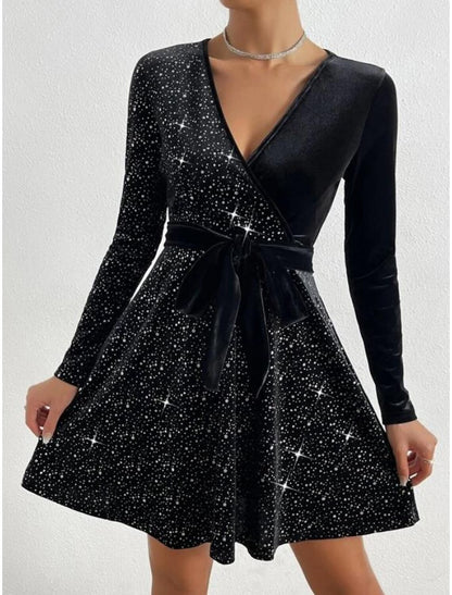 Women's Velvet Dress Party Dress Cocktail Dress Mini Dress Black Blue Green Long Sleeve Pure Color Lace up Spring Fall Winter V Neck Fashion Winter Dress Christmas Wedding Guest