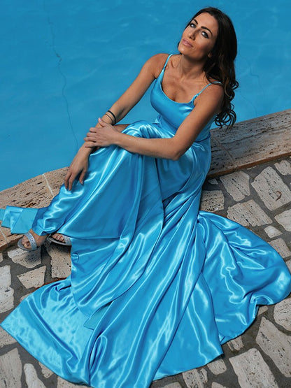 A-Line/Princess Silk Like Satin Ruffles Spaghetti Straps Sleeveless Sweep/Brush Train Dresses