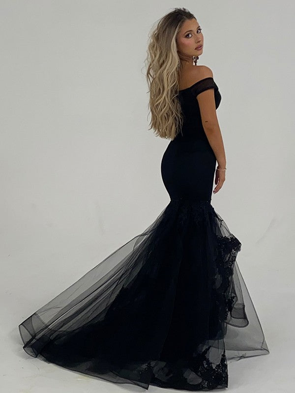 Trumpet/Mermaid Tulle Ruffles Off-the-Shoulder Sleeveless Sweep/Brush Train Dresses