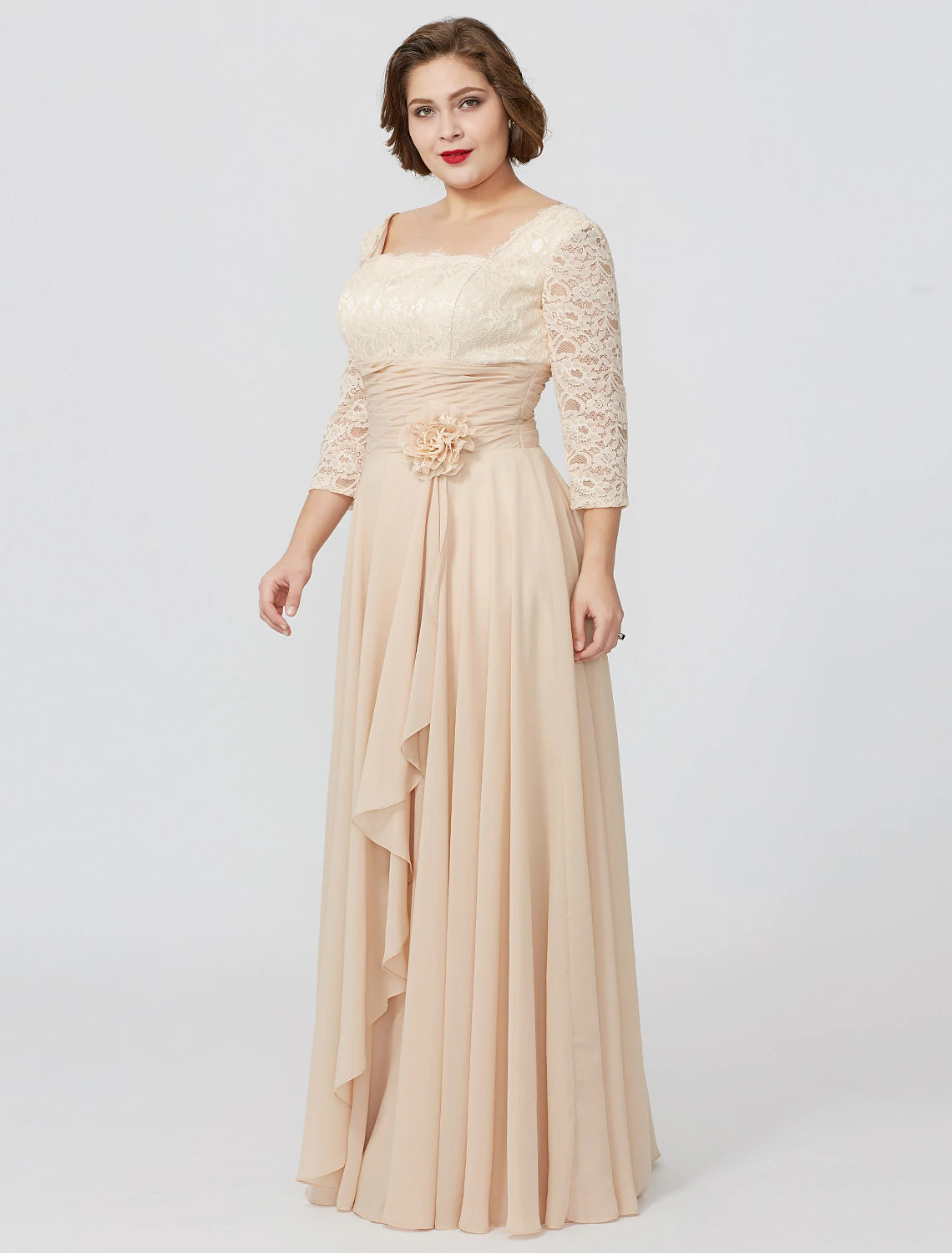 Sheath / Column Mother of the Bride Dress Formal Classic & Timeless Elegant & Luxurious Plus Size Square Neck Floor Length Chiffon Metallic Lace 3/4 Length Sleeve No with Sash / Ribbon Flower