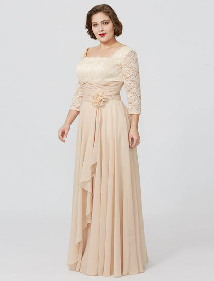 Sheath / Column Mother of the Bride Dress Formal Classic & Timeless Elegant & Luxurious Plus Size Square Neck Floor Length Chiffon Metallic Lace 3/4 Length Sleeve No with Sash / Ribbon Flower