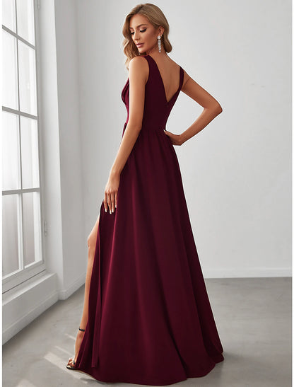 A-Line Prom Party Dress High Split Dress Wedding Guest Formal Evening Floor Length Sleeveless V Neck Bridesmaid Dress Chiffon V Back with Slit Pure Color