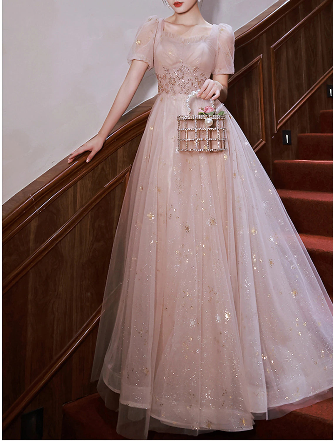 A-Line Prom Dresses Elegant Dress Engagement Prom Floor Length Half Sleeve Square Neck Satin with Appliques