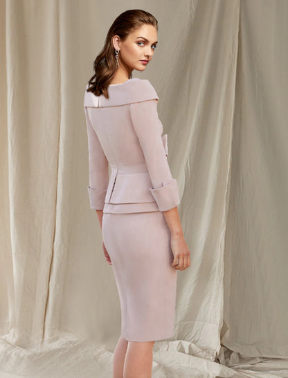 Sheath / Column Mother of the Bride Dress Elegant Sweet Bateau Neck Knee Length Satin 3/4 Length Sleeve with Bow(s)