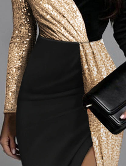 Women‘s Sequin Dress Gold Dress Party Dress Sparkly Dress Gold Long Sleeve Color Block Split Winter Fall V Neck Stylish Modern Fall Dress Slim / Winter Dress / Sheath Dress