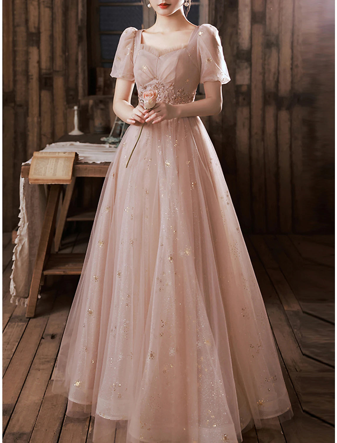 A-Line Prom Dresses Elegant Dress Engagement Prom Floor Length Half Sleeve Square Neck Satin with Appliques