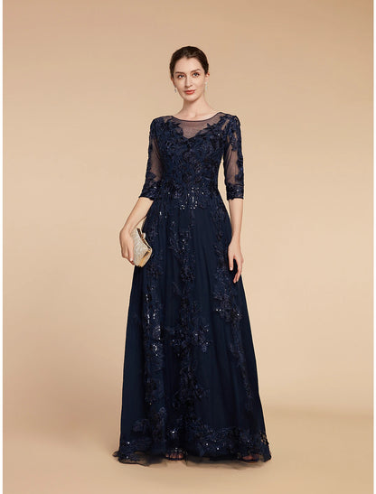 A-Line Mother of the Bride Dress Formal Wedding Guest Elegant Party Scoop Neck Floor Length Chiffon Lace 3/4 Length Sleeve with Sequin Appliques