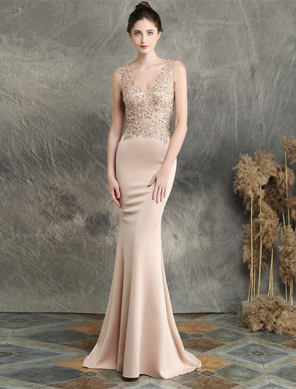 Mermaid / Trumpet Evening Gown Open Back Dress Formal Wedding Guest Sweep / Brush Train Sleeveless V Neck Cotton Blend with Beading Appliques