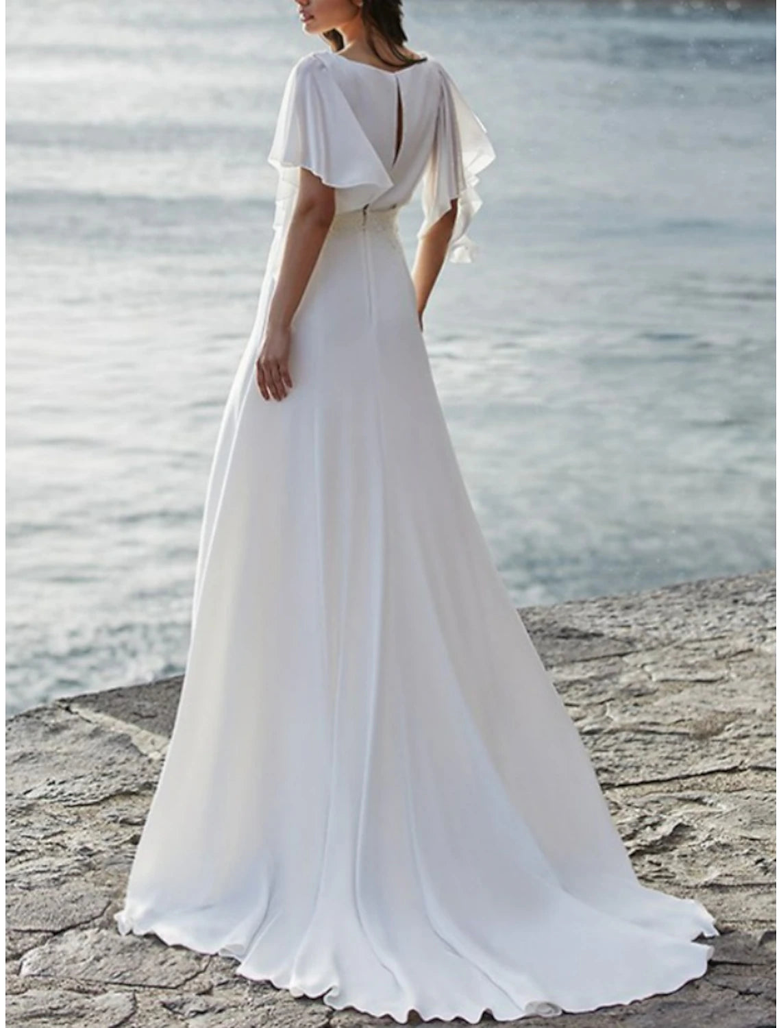 Beach Mature Wedding Dresses A-Line V Neck Short Sleeve Sweep / Brush Train Chiffon Bridal Gowns With Pleats Ruched