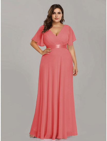 A-Line Mother of the Bride Dress Plus Size Elegant V Neck Floor Length Chiffon Short Sleeve with Sash / Ribbon Ruching