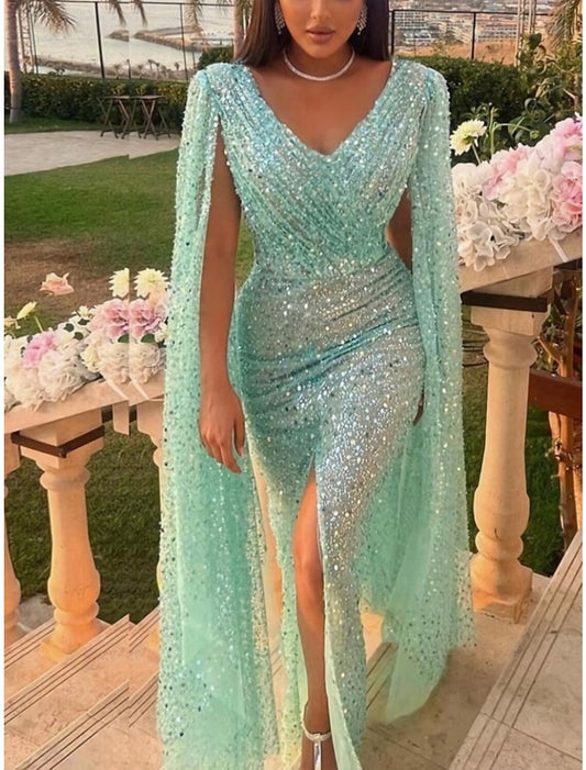 A-Line Evening Gown Elegant Dress Formal Floor Length Long Sleeve V Neck Sequined with Glitter Pleats Ruched