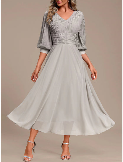 Women's Prom Dress Party Dress Lace Dress Wedding Guest Dress Long Dress Maxi Dress Gray 3/4 Length Sleeve Pure Color Ruched Spring Fall Winter V Neck Fashion