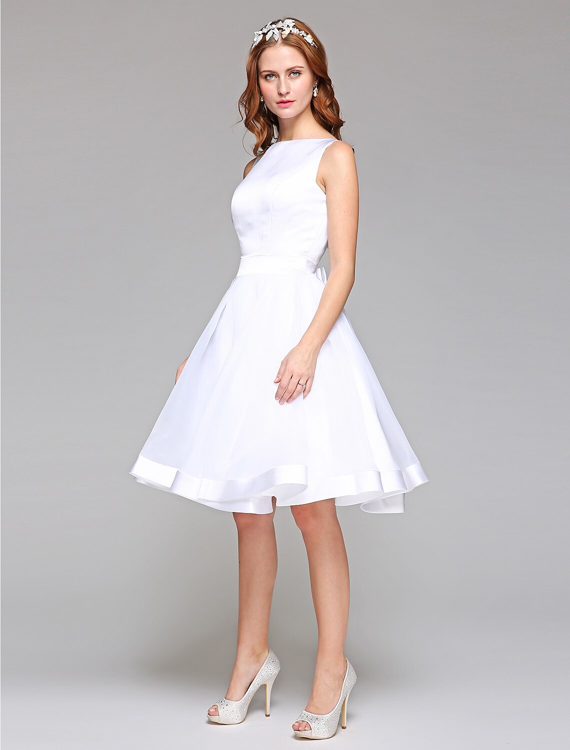 Wedding Dresses A-Line Bateau Neck Regular Straps Knee Length Satin Bridal Gowns With Bowknot Sash / Ribbon