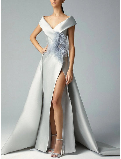 A-Line Prom Dresses Elegant Dress Formal Prom Floor Length Short Sleeve V Neck Satin with Feather Crystals Beading