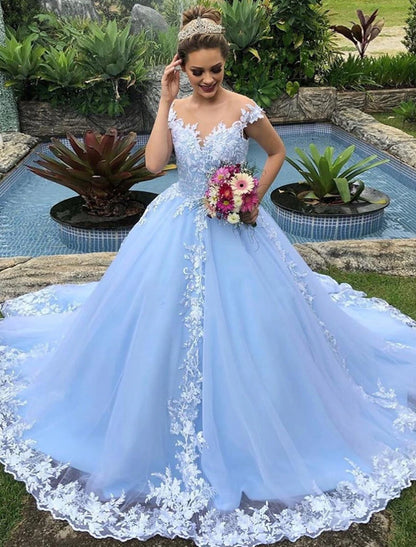 Engagement Fall Wedding Dresses in Color Formal Ball Gown V Neck Cap Sleeve Chapel Train Lace Bridal Gowns With Appliques  Summer Wedding Party, Women‘s Clothing