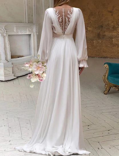 Bridal Shower Little White Dresses Wedding Dresses A-Line Scoop Neck Long Sleeve Sweep / Brush Train Chiffon Bridal Gowns With Pleats Appliques