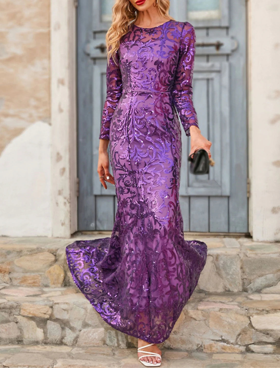 Women's Gold Sequin Dress Prom Dress Party Dress Sparkly Dress Long Dress Maxi Dress Purple Long Sleeve Solid Color Spring Fall Winter Crew Neck Fashion Winter Dress Wedding Guest