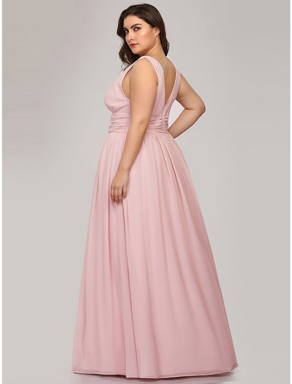 A-Line Plus Size Wedding Guest Formal Evening Dress V Neck V Back Sleeveless Floor Length Chiffon with Pleats