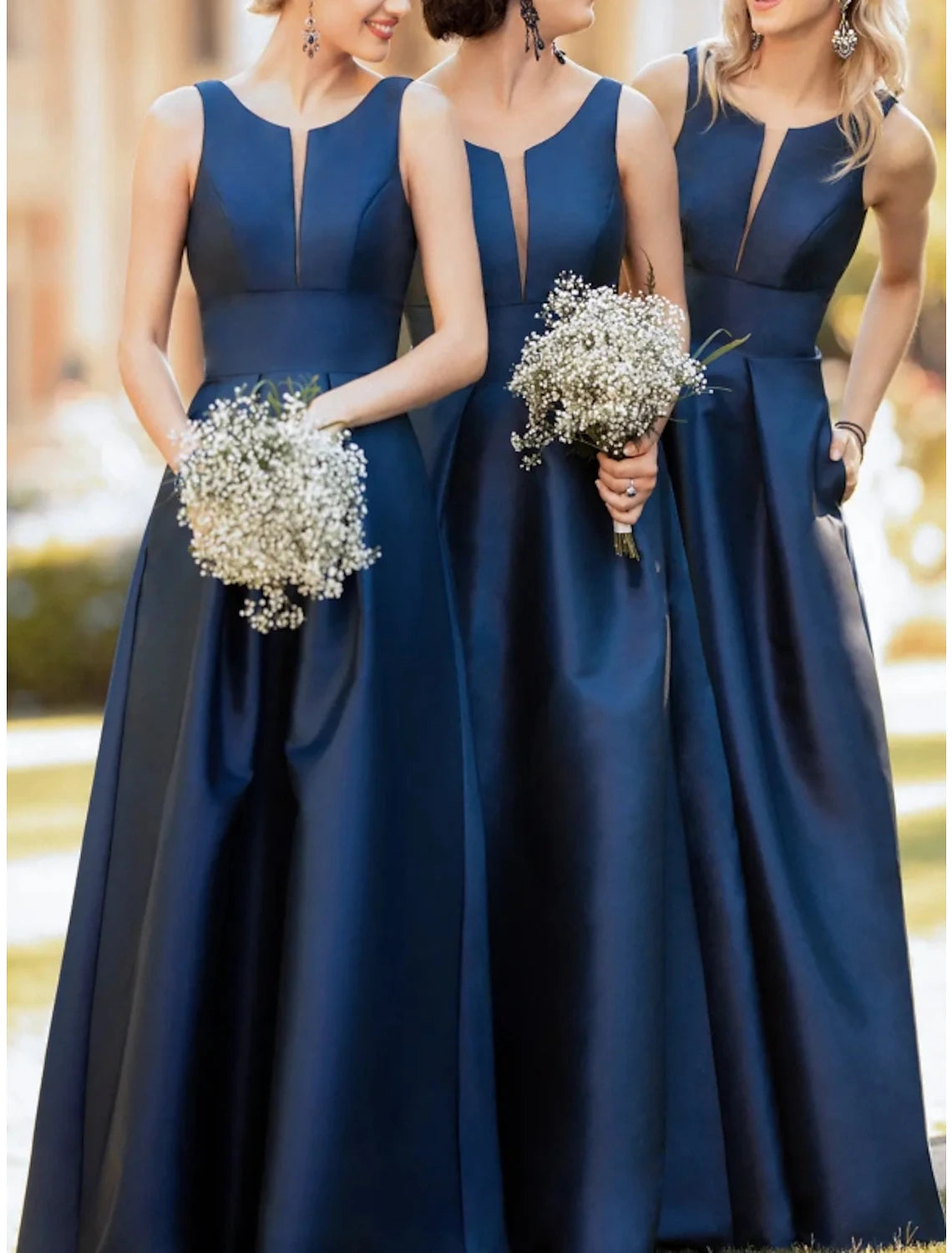 Sheath / Column Bridesmaid Dress Scoop Neck Sleeveless Blue Floor Length Satin with Pleats / Solid Color