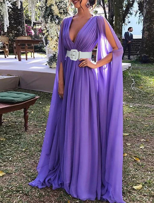 A-Line Wedding Guest Dresses Maxi Dress Wedding Party Dress Black Tie Floor Length Long Sleeve V Neck Fall Wedding Guest Chiffon with Belt 2023