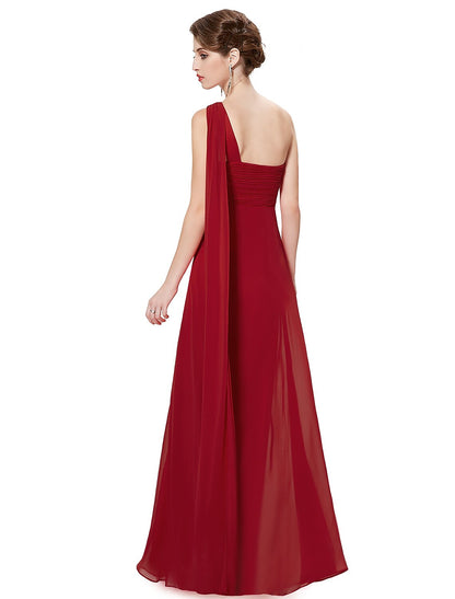 A-Line Evening Gown Empire Dress Wedding Guest Formal Evening Floor Length Sleeveless One Shoulder Bridesmaid Dress Chiffon Backless with Pleats Draping