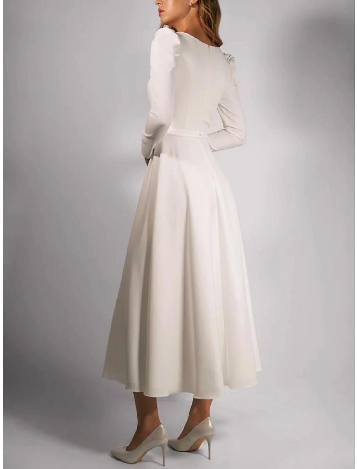 Simple Wedding Dresses A-Line Square Neck Long Sleeve Tea Length Stretch Fabric Bridal Gowns With Pleats Solid Color