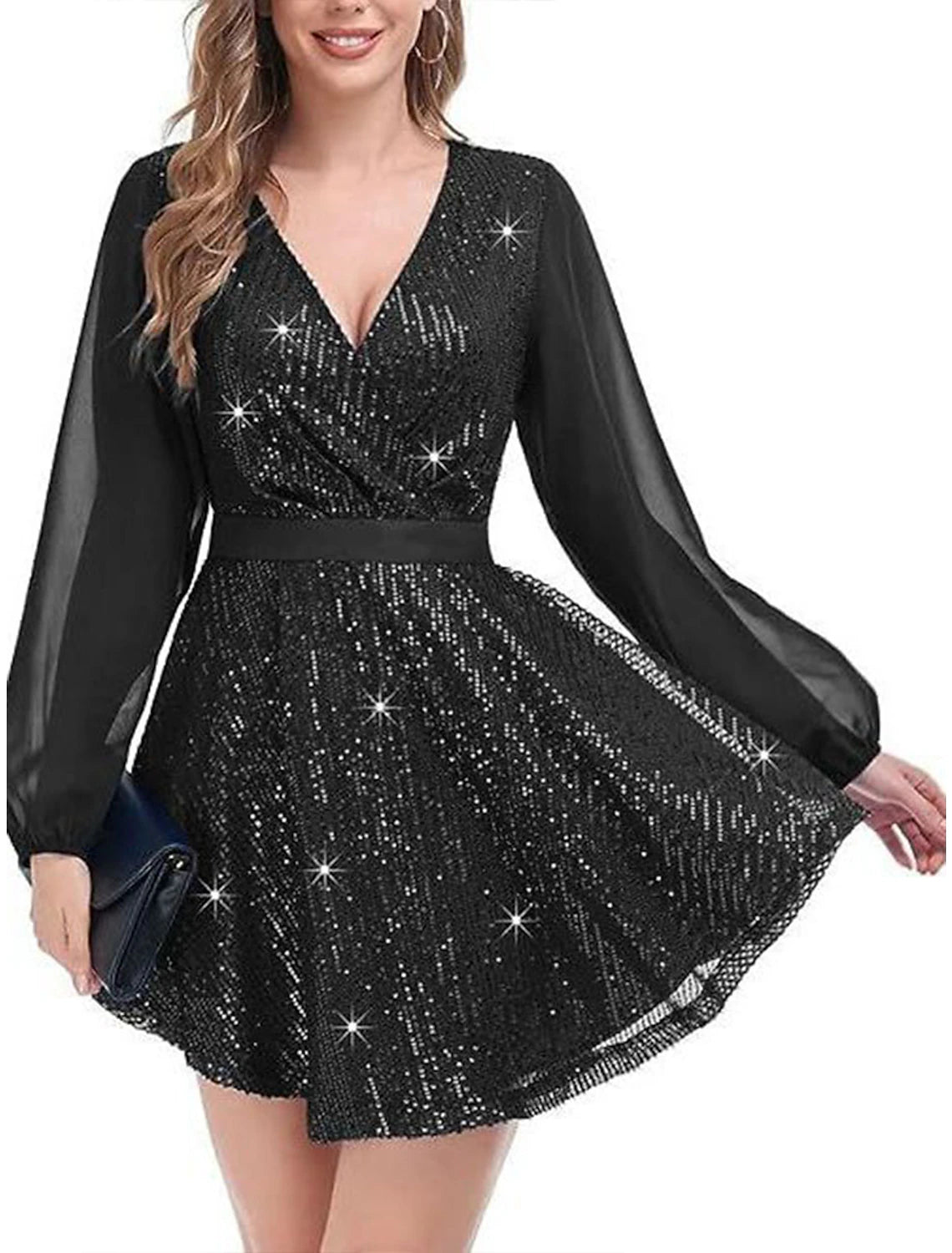 Women's Black Dress Sequin Dress Party Dress Mini Dress Black White Long Sleeve Pure Color Sequins Spring Fall Winter V Neck Fashion Winter Dress Wedding Guest Evening Party