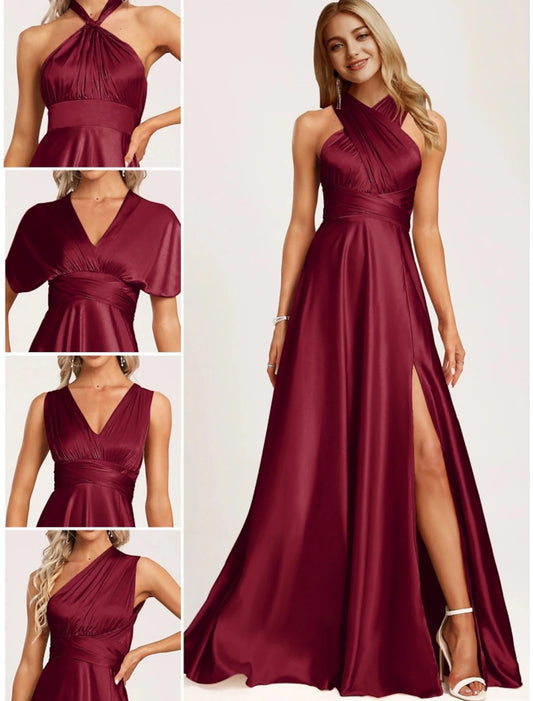 A-Line Bridesmaid Dress Halter Neck Sleeveless Elegant Floor Length Stretch Satin with Split Front / Ruchin