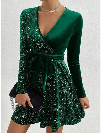 Women's Velvet Dress Party Dress Cocktail Dress Mini Dress Black Blue Green Long Sleeve Pure Color Lace up Spring Fall Winter V Neck Fashion Winter Dress Christmas Wedding Guest