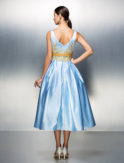 A-Line Cocktail Dresses Elegant Dress Wedding Guest Prom Tea Length Sleeveless Jewel Neck Satin V Back with Pleats Appliques