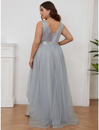 A-Line Bridesmaid Dress V Neck Sleeveless Elegant Asymmetrical Sequined with Sequin / Tier  / Sparkle & Shine