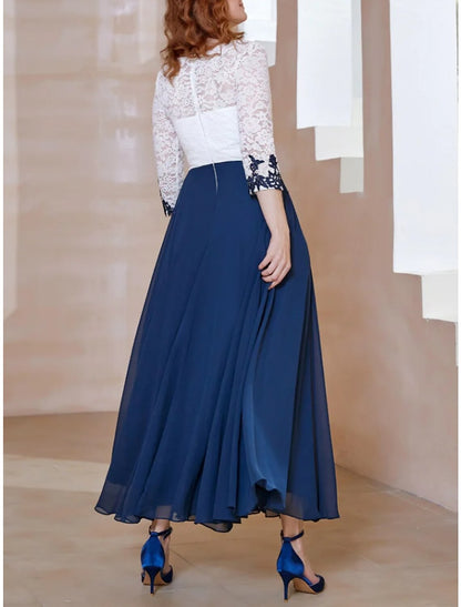 A-Line Mother of the Bride Dress Wedding Guest Elegant Scoop Neck Ankle Length Chiffon 3/4 Length Sleeve with Lace Ruching