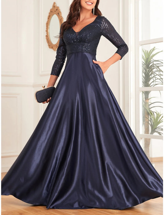 A-Line Mother of the Bride Dress Wedding Guest Elegant V Neck Floor Length Satin 3/4 Length Sleeve with Sequin Ruching