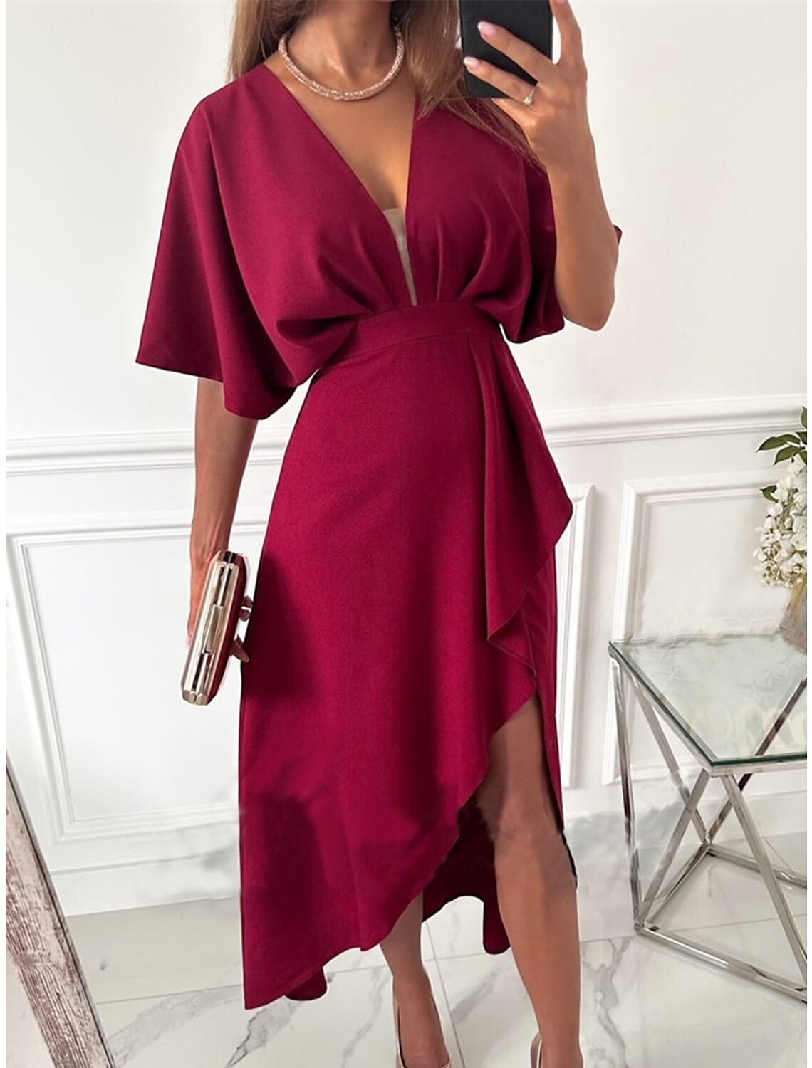 Women's Party Dress Cocktail Dress Satin Dress Midi Dress Pink Wine Half Sleeve Pure Color Ruffle Spring Fall Winter V Neck Fashion Winter Dress Wedding Guest Birthday