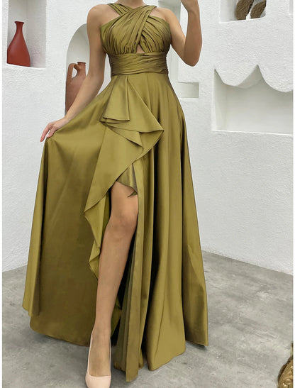 Women's Prom Dress Party Dress Wedding Guest Dress Plain Ruffle Split High Waist Halter Neck Long Dress Maxi Dress Elegant Party Split Thigh Wedding Guest Special Occasion Birthday Regular Fit Army