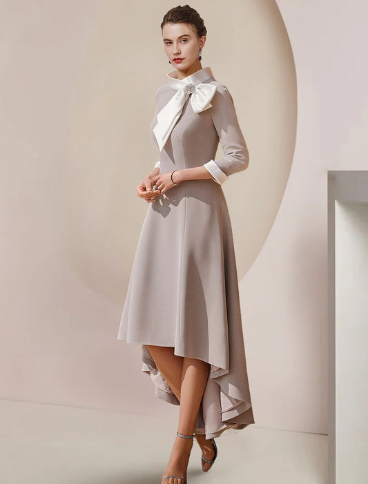 A-Line Mother of the Bride Dress Formal Wedding Guest Elegant Party High Neck Asymmetrical Tea Length Satin 3/4 Length Sleeve with Bow(s) Crystal Brooch