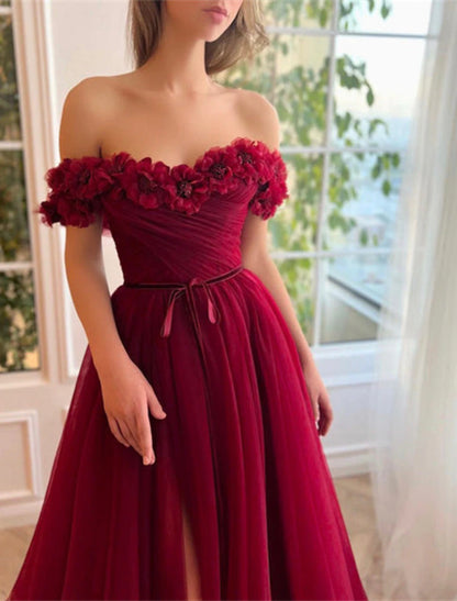 A-Line Prom Dresses Floral Dress Wedding Guest Wedding Party Sweep / Brush Train Short Sleeve Off Shoulder Tulle with Slit Strappy