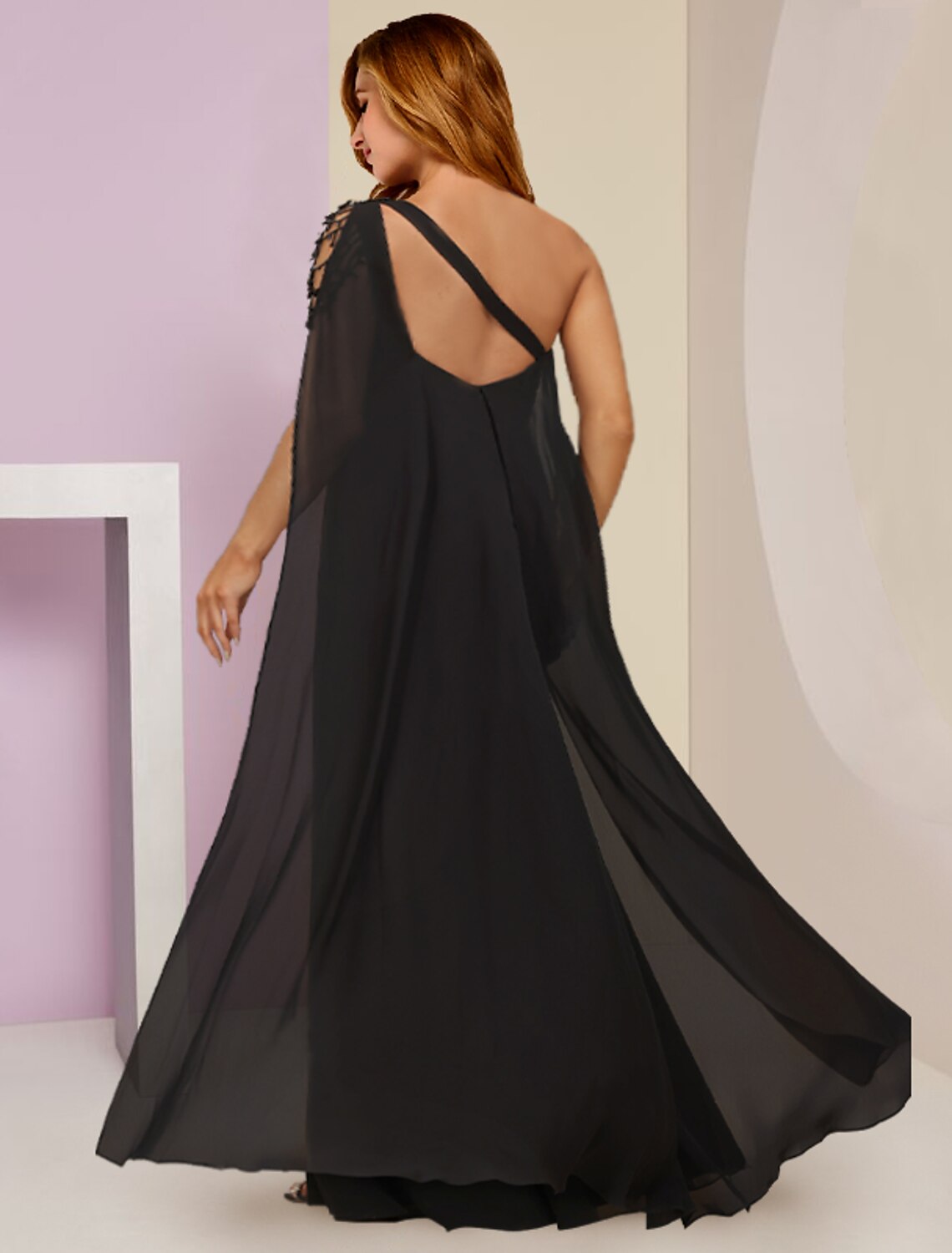 Mother of the Bride Dresses Plus Size Curve Hide Belly Wedding Guest Party Sexy One Shoulder Floor Length Chiffon Sleeveless with Beading Split Front