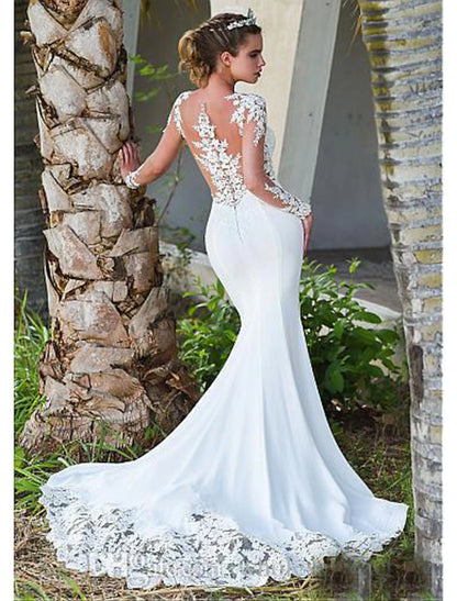 Engagement Open Back Formal Fall Wedding Dresses Mermaid / Trumpet Illusion Neck Long Sleeve Court Train Lace Bridal Gowns With Appliques Summer Wedding Party , Women's Clothing