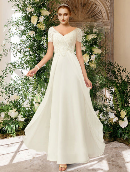 Beach Wedding Dresses A-Line V Neck Short Sleeve Floor Length Chiffon Bridal Gowns With Pleats Appliques