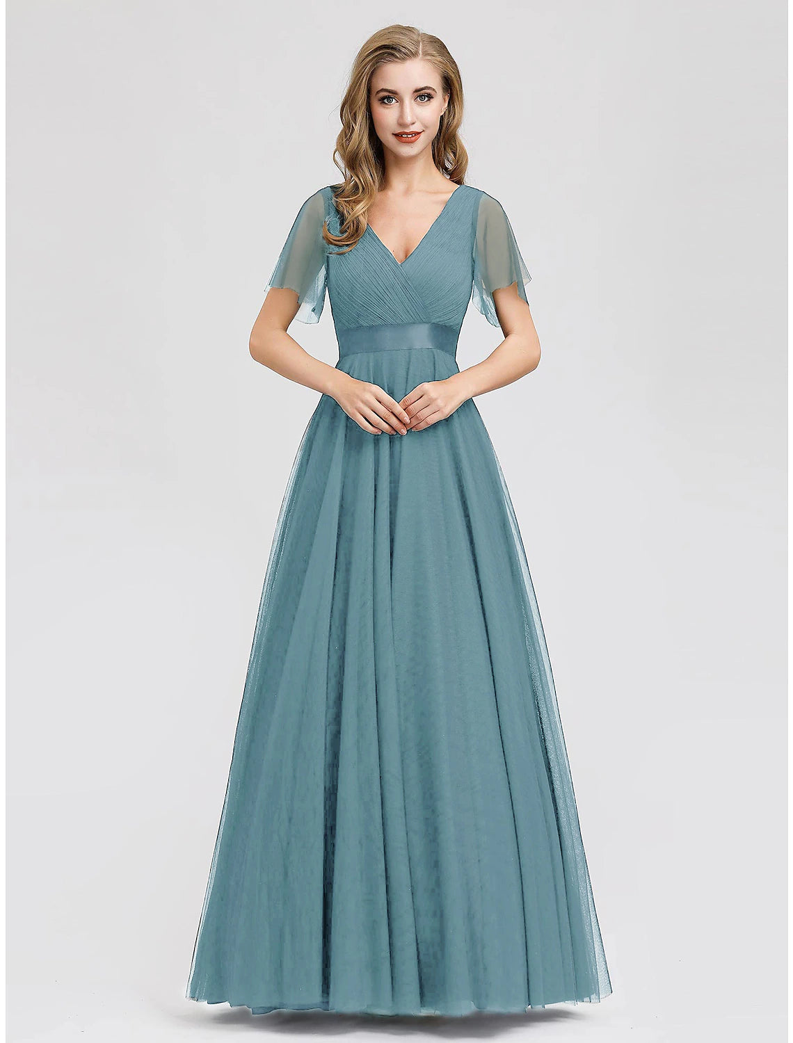 A-Line Empire Wedding Guest Prom Dress V Neck V Back Short Sleeve Floor Length Chiffon with Pleats Ruche