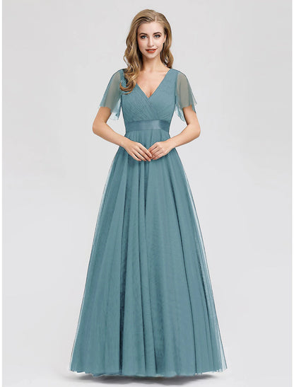 A-Line Empire Wedding Guest Prom Dress V Neck V Back Short Sleeve Floor Length Chiffon with Pleats Ruche